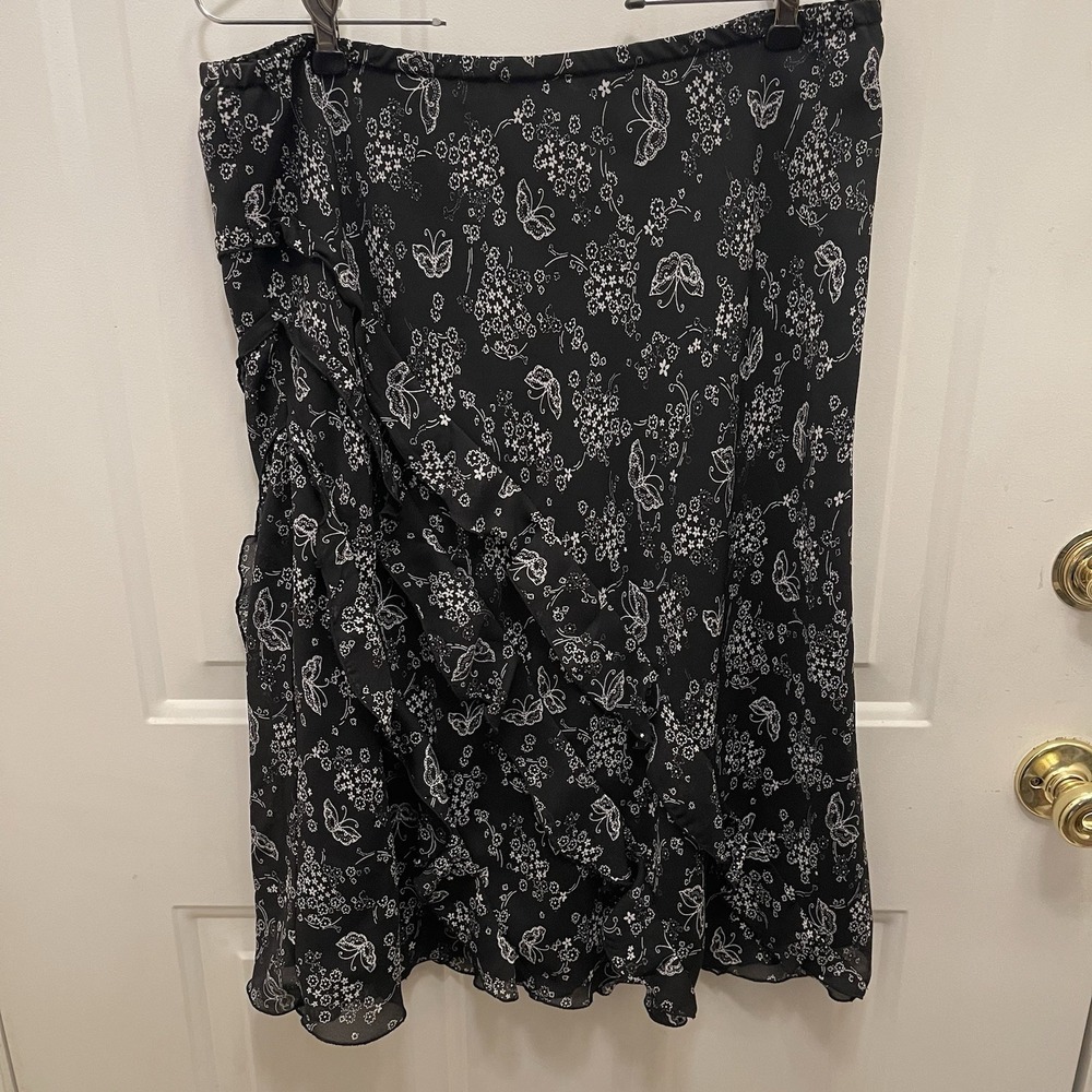Dark Whimsigoth Size 12 Black Butterfly Midi Skirt‎ Ruffled Y2K Gothic Romantic